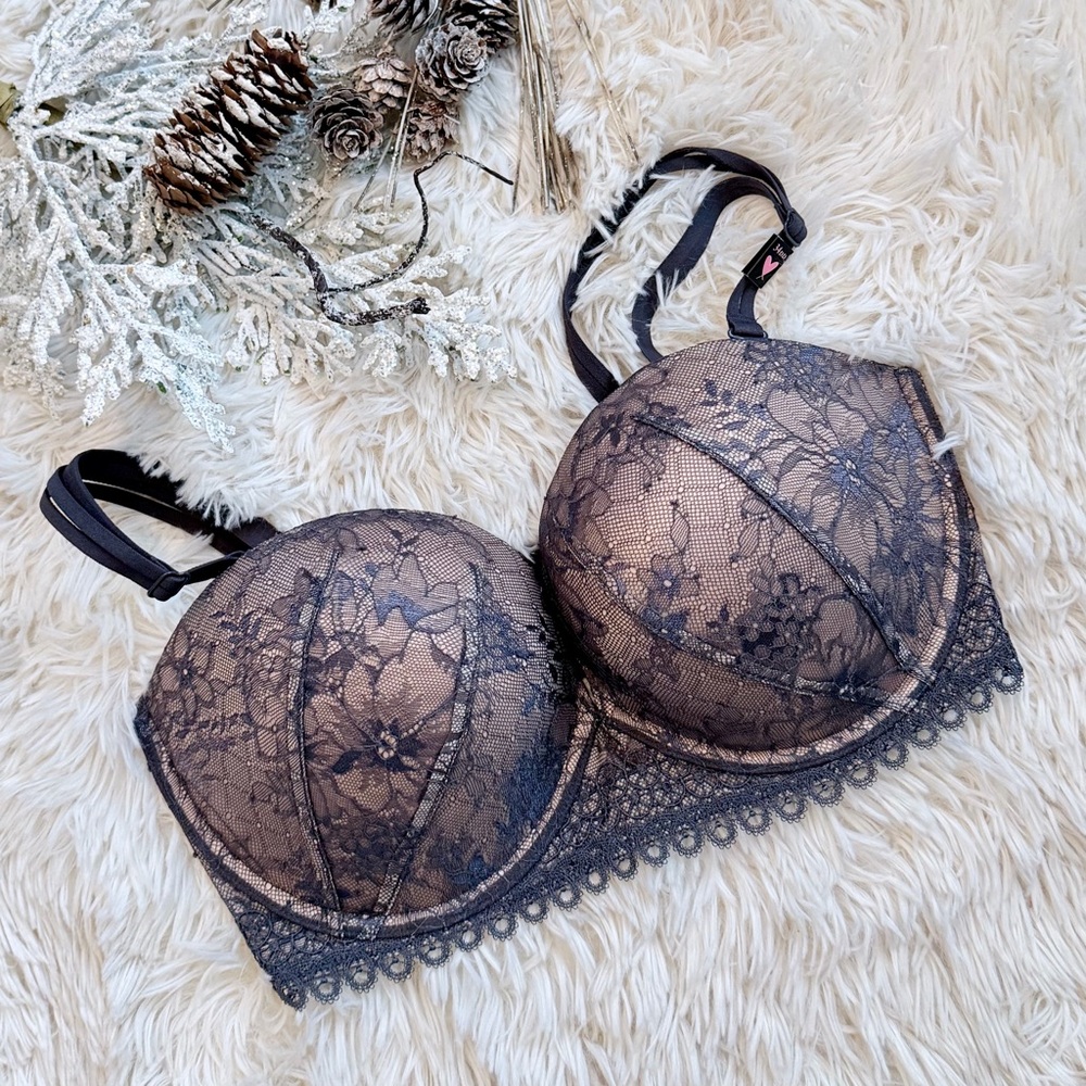 Victoria's Secret Black Lace Bra with Nude Underlay